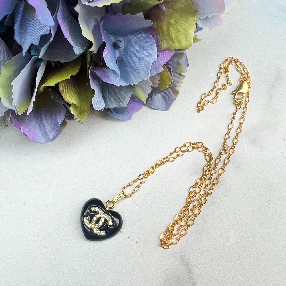 Chanel Black Enamel Heart Finding on 24K GF Chain